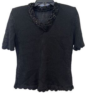 Vintage Black leather & Knit V-neck sweater Sz.M NWT